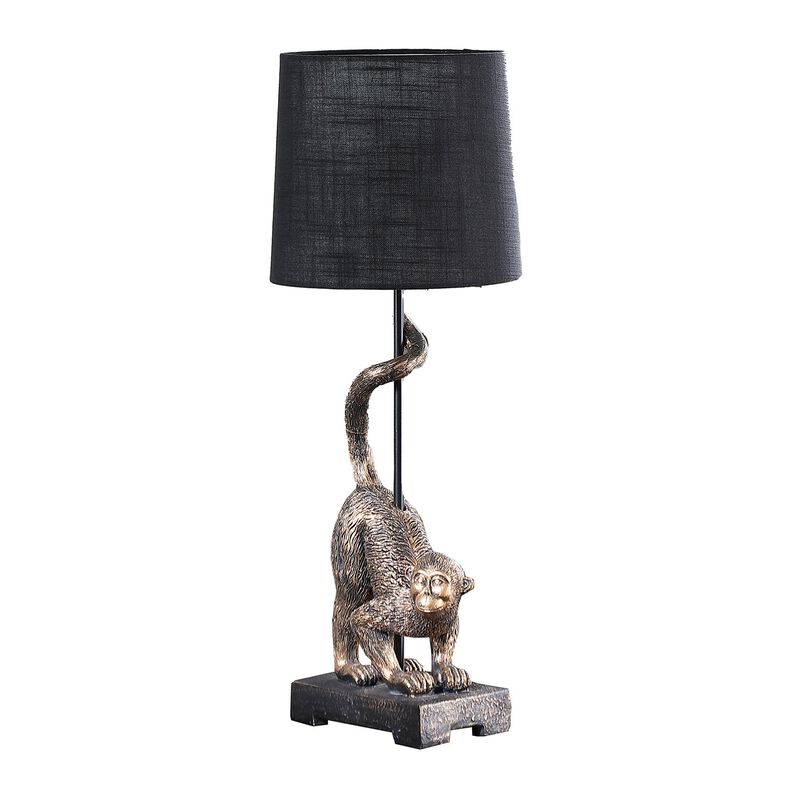 Ree 24 Inch Accent Table Lamp, Monkey Resin Sculpture, Drum Shade, Bronze - Benzara