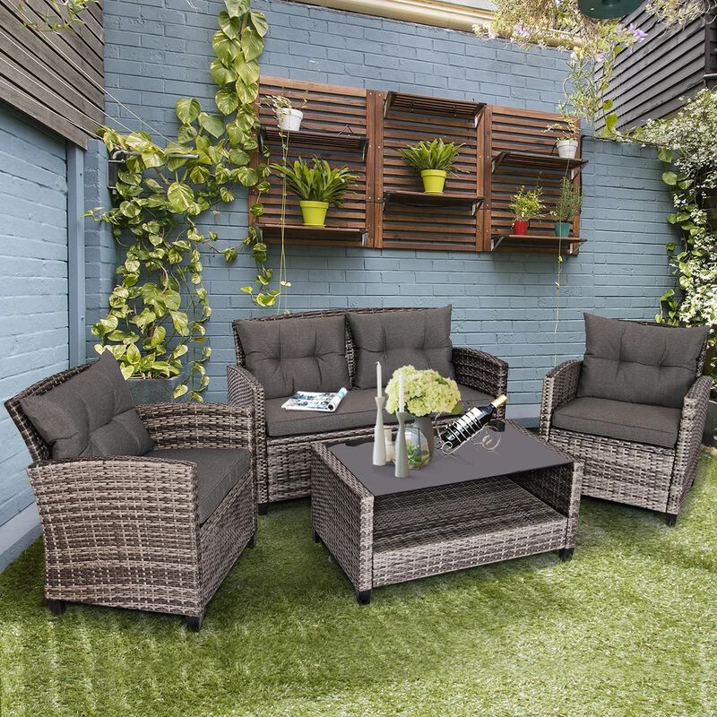 Mondawe 4 Pieces Patio Rattan Furniture Set with Coffee Table and Cushioned Sofa