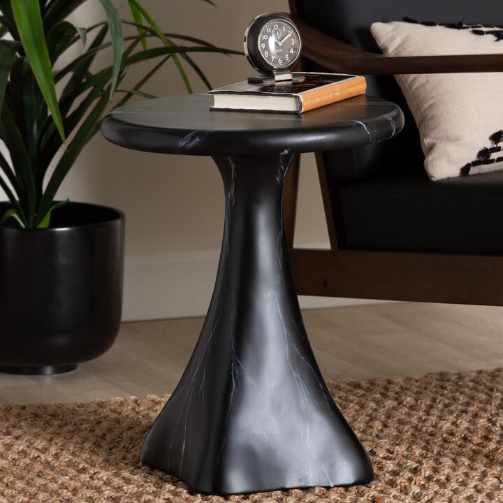 bali & pari Aponi Marbled Resin End Table - Sculptural Side Table with Round Top and Pedestal Base, Modern Contemporary Statement Furniture, Cream