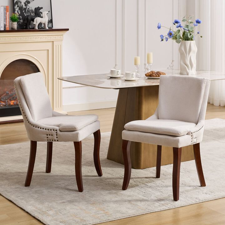 Clihome Modern Dining Chairs Set of 2,Double-layer Cushioned Chenille fabric Upholstered Accent Side Leisure Chairs with Mid Back and Curved Solid Wood Legs
