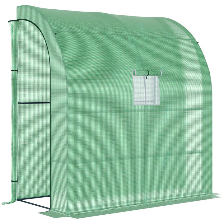 Outsunny 7' x 3' x 7' Lean to Greenhouse, Walk-In Green House, Plant Nursery with 2 Roll-up Doors and Windows, PE Cover and 3 Wire Shelves, Green