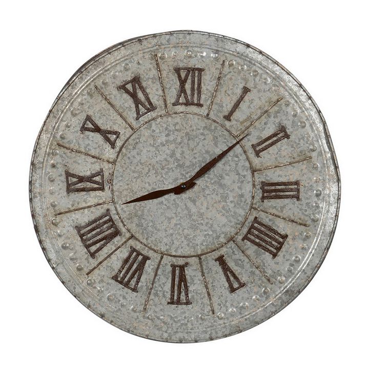 20 Inch Classic Round Wall Clock, Metal, Roman Numerals, Vintage Gray  - Benzara