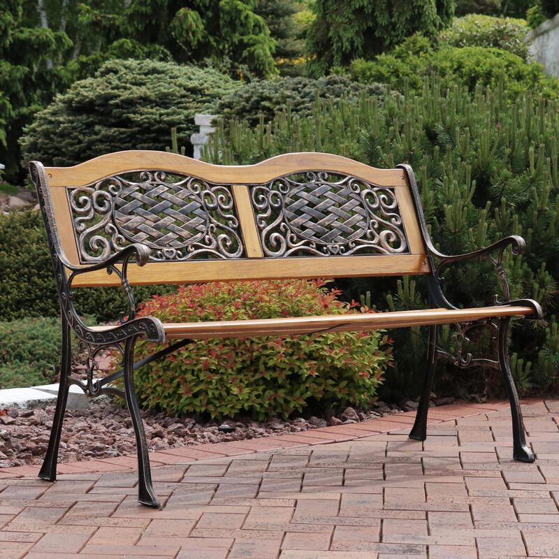 Sunnydaze 2-Person Ivy Crossweave Cast Iron and Wood Outdoor Garden Bench