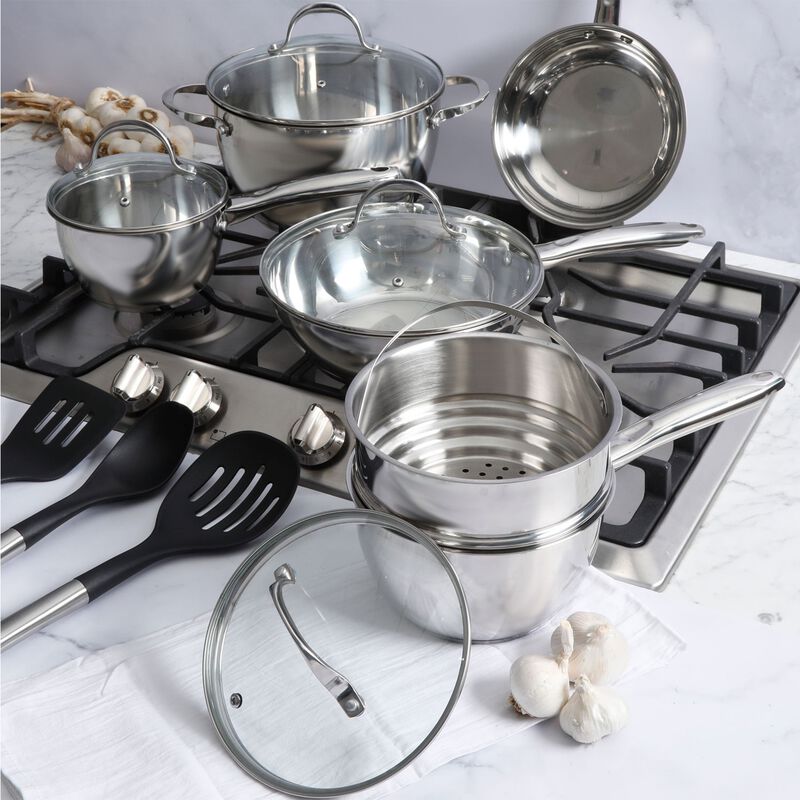 Oster Ridgewell 13 piece Stainless Steel  Belly Shape Cookware Set in Silver Mirror Polish with Hollow Handle