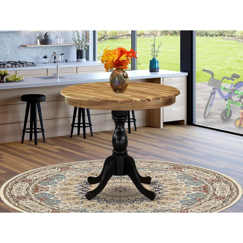East West Furniture Antique 36 Round Dining Room Table for Compact Space - Natural Top & Black Pedestal