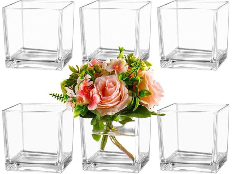 Set of 6 Clear Square Glass Vases &ndash; 4" Cube Centerpieces