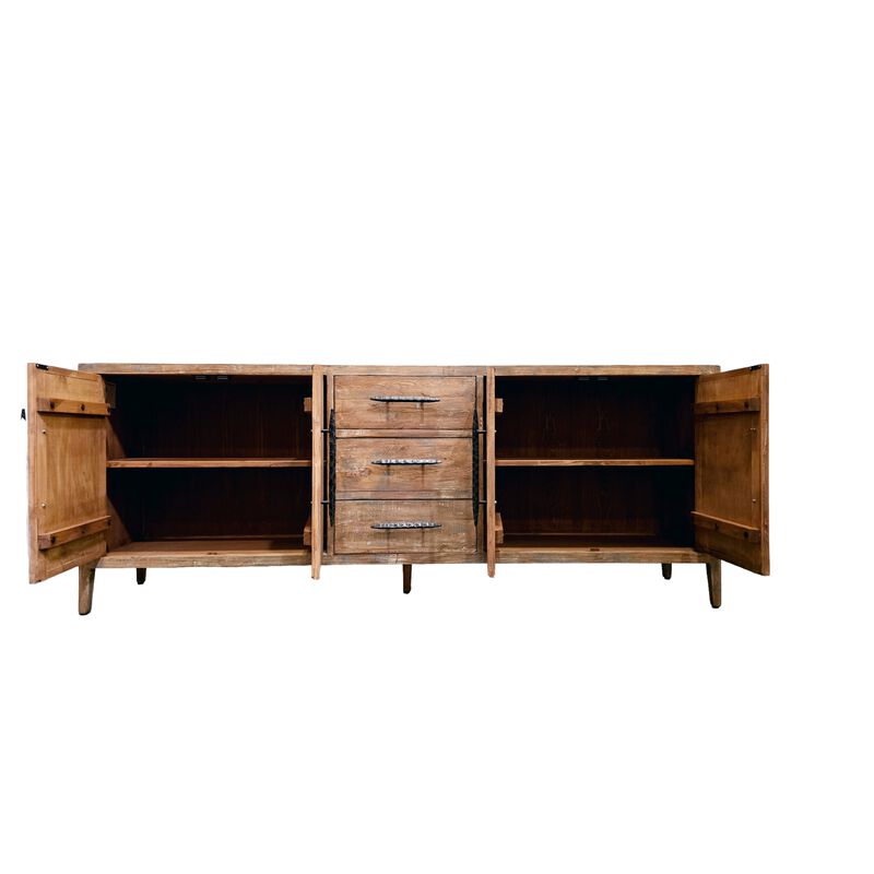 Osin Sideboard Buffet Cabinet, 4 Door, 83 Inch Antique Brown Pine Wood