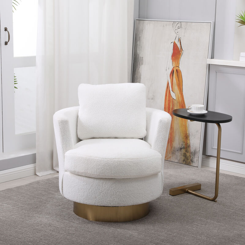 Teddy Swivel Barrel Chair, Swivel Accent Chairs Armchair for Living Room, Reading Chairs for Bedroom Comfy, Round Barrel Chairs with Gold Stainless Steel Base(White)