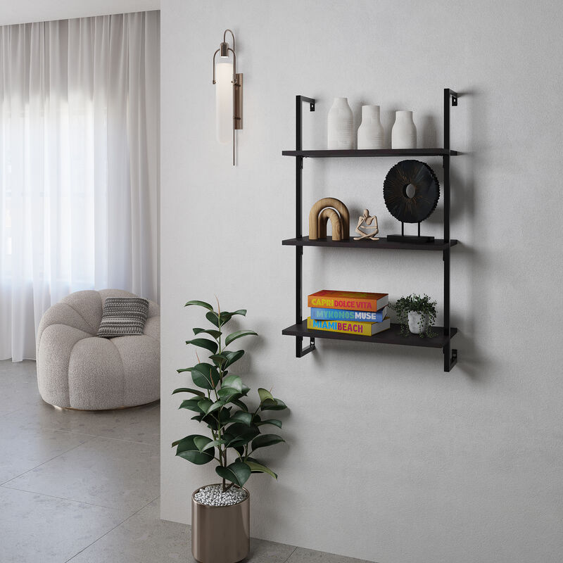 Madera  Industrial 3-Shelf Wood Wall-Mounted Open Ladder Bookcase