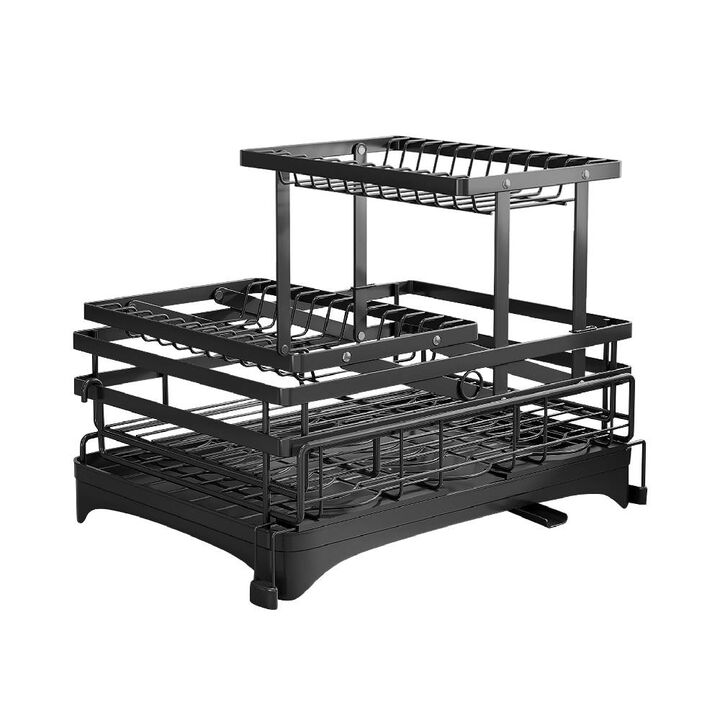 Heavy Duty Expandable Dish Rack, Carbon Steel Kitchen Drying Rack with Quick Drain, Wobble-Free Design for Dishes, Cups & Utensils