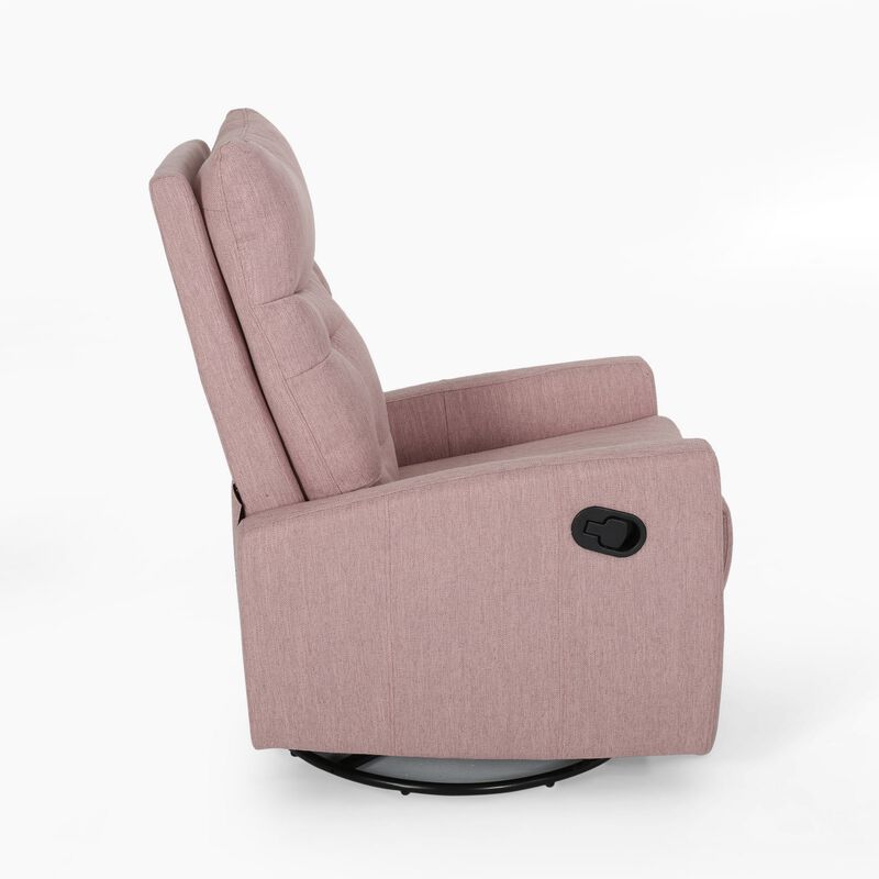 Push Back Glider Recliner Chair with Swivel, Blush Pink Tufted Fabric - Benzara