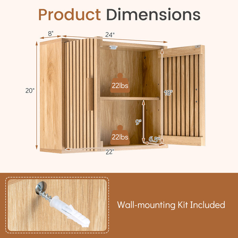 Wall Mounted Bathroom Cabinet with 2 Slatted Doors and Adjustable Shelves-Natural image number 2