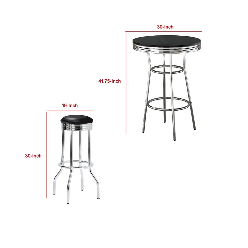 Loy 3 Piece Retro Bar Table Set, Round Black Top, 2 Stools, Chrome