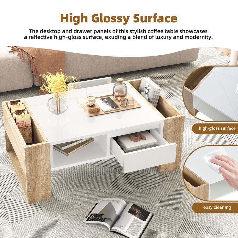 Merax High Glossy Coffee Table with 2 Drawers