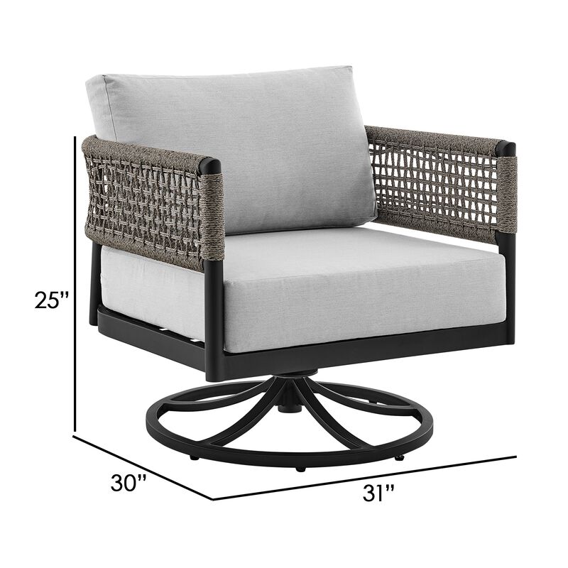 Troy 31 Inch Patio Swivel Rocking Chair, Black Aluminum Frame, Gray Rope-Benzara image number 5