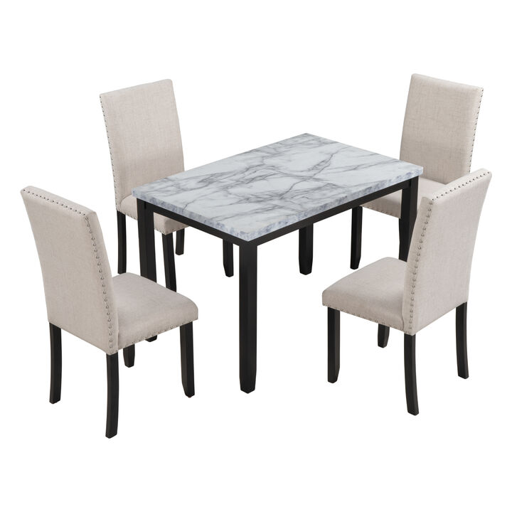 Merax Faux Marble 5-Piece Dining Set Table with 4 Thicken Cushion Dining Chairs Home Furniture