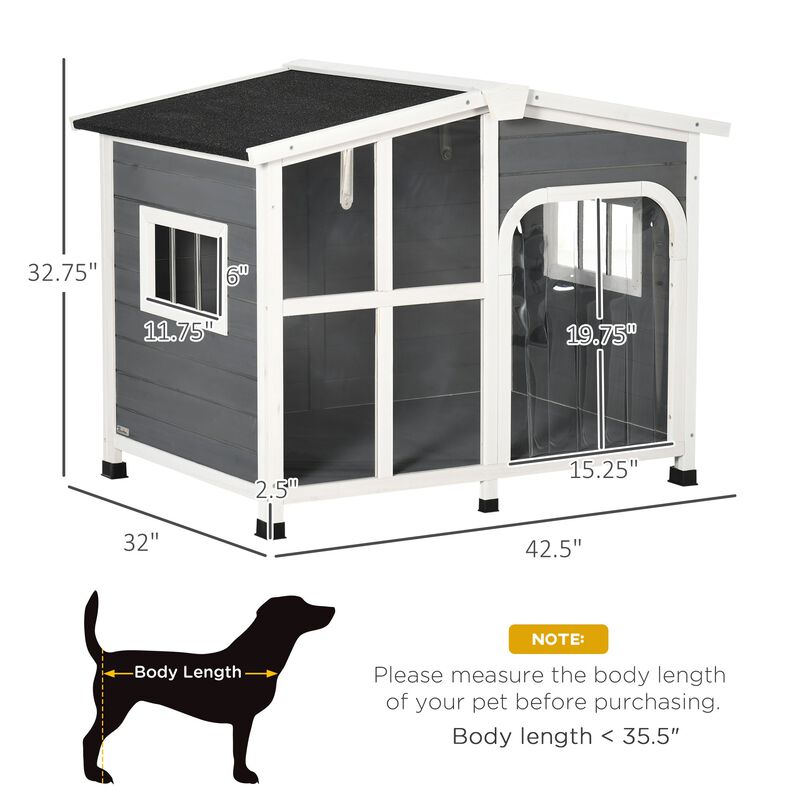 Wooden Dog House Outdoor with Removable Bottom, Cabin Style Raised Pet Cottage, Weather Resistance, with Openable Roof, Door Curtain, for Large Sized Dog, Dark Gray