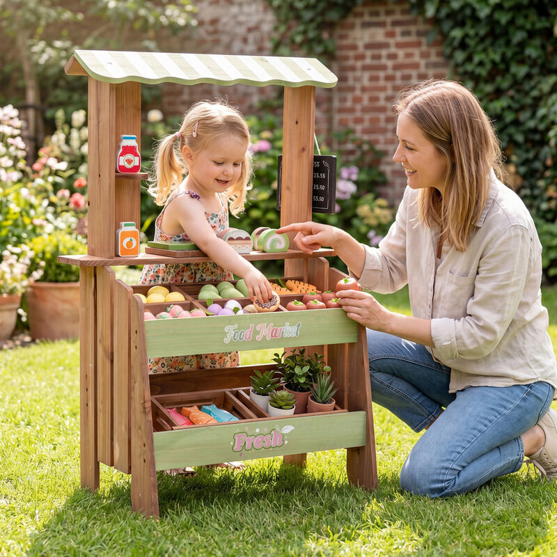 Kids Wooden Grocery Store Playset with Chalkboard and Accessories image number 5