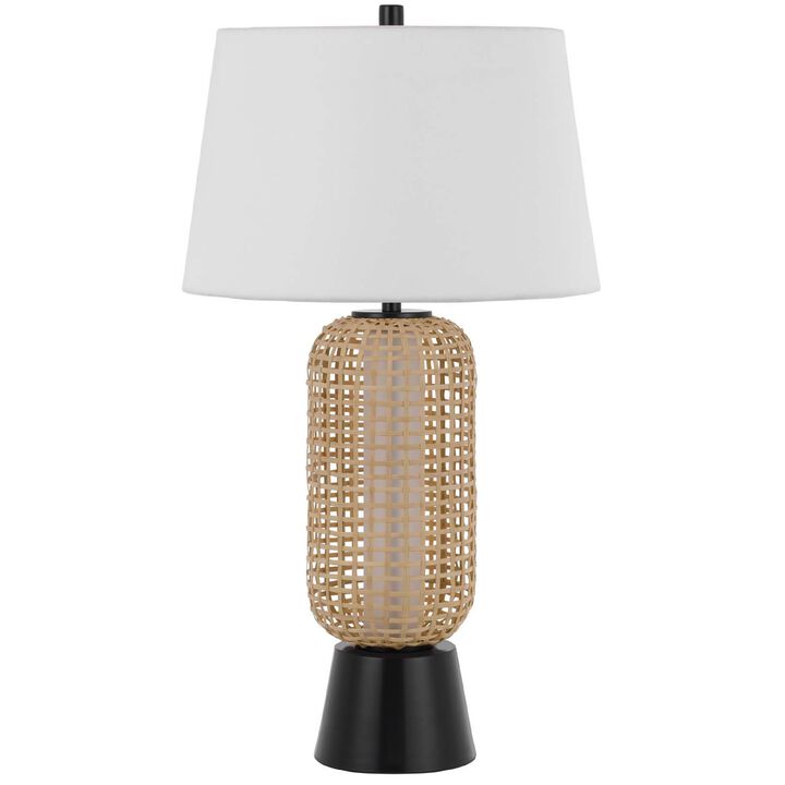 Table Lamp with LED Light, White Shade, Modern Brown Wicker, 30 Inch