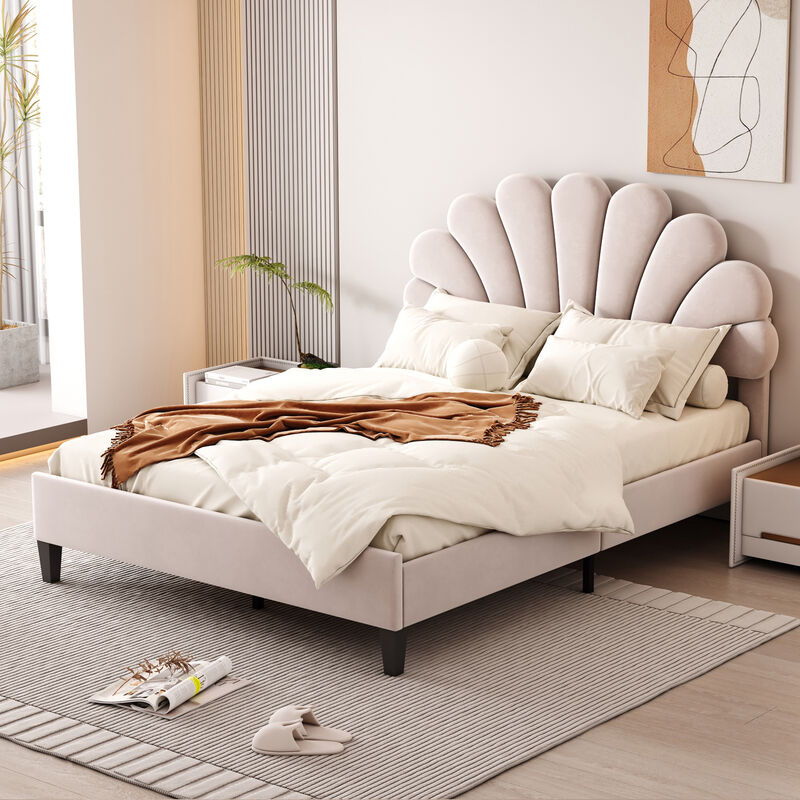 Merax Upholstered Platform Bed with Flower Pattern Velvet Headboard