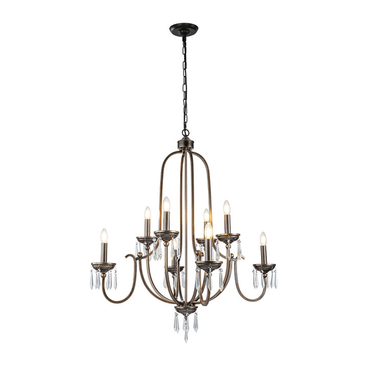 35'' 8-Light Antique Bronze Dimmable Traditional Metal Chandelier with Crystal Accents and Adjustable Hanging Height for Dining Room Foyer or Living Room