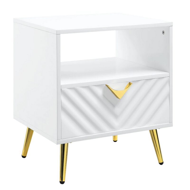 Tyra 22 Inch Wood End Table with Open Space, Wave Pattern, White, Gold-Benzara image number 1