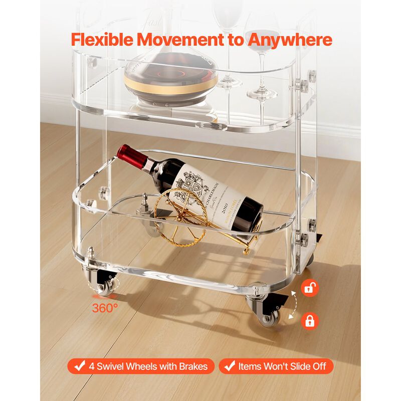 2 Tier Acrylic Rolling Cart Table with Wheels, Clear Storage Side Desk image number 3