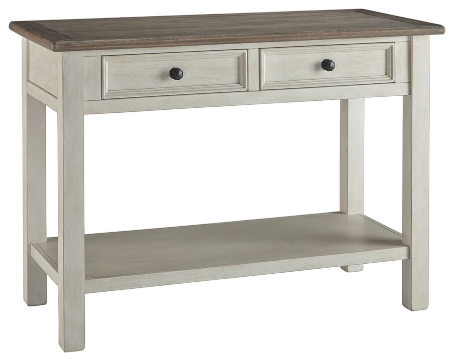 Sofa Table With Plank Style Top and 2 Gliding Drawers, Brown and White