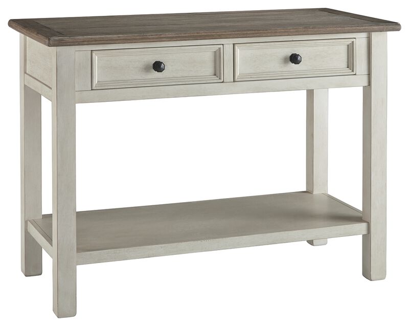 Sofa Table With Plank Style Top and 2 Gliding Drawers, Brown and White
