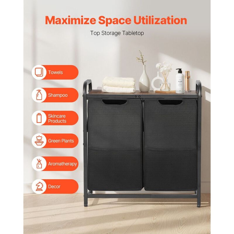 2 Compartment Laundry Sorter with Pull Out Oxford Bags, Freestanding Hamper with Shelf-Black image number 3