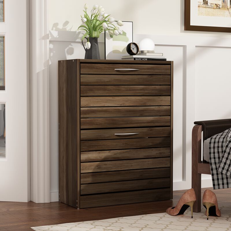 FUFU&GAGA Brown Louvered Shoe Cabinet with 3 Adjustable Shelves and Modern Design (22.4" W x 9.4" D x 29.5" H), Engineered Wood Construction