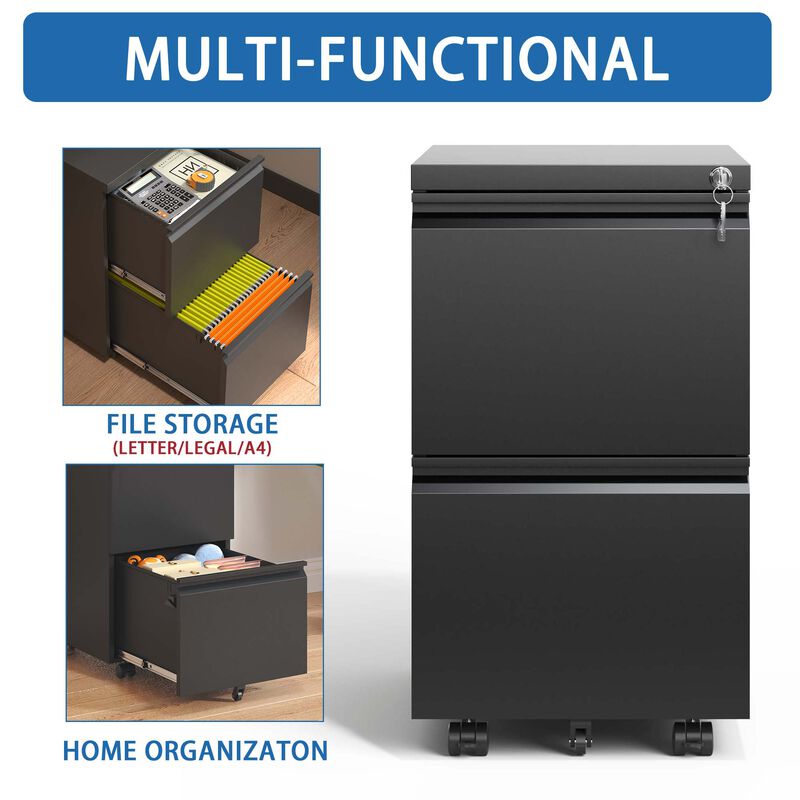 Mobile File Cabinet with 2 Drawers and Lock for Hanging File Storage
