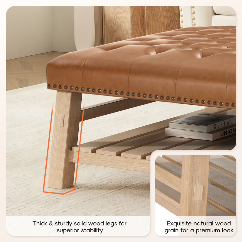 Merax Tufted Ottoman Coffee Table with Nailhead Trim & Storage Shelf &ndash; Solid Wood Legs image number 5