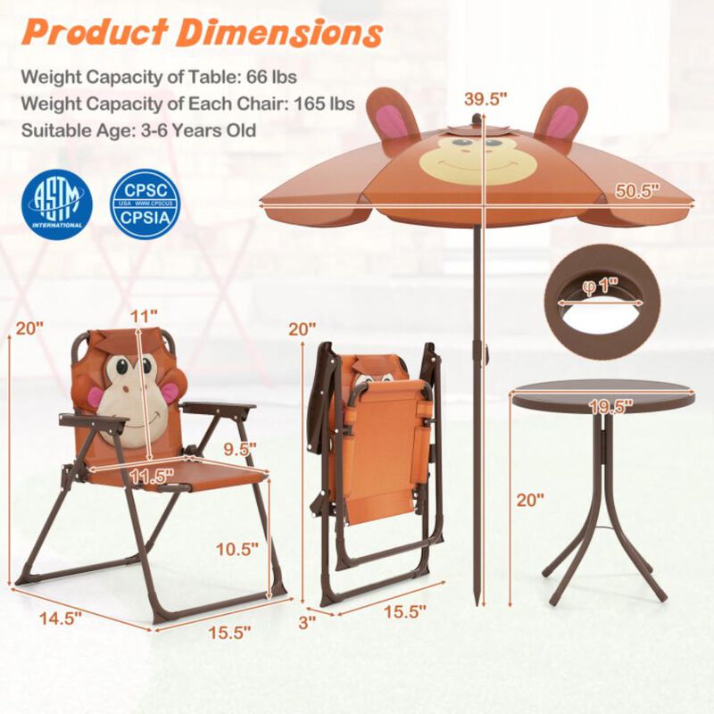 Hivvago 4 Pieces Kids Picnic Set with 2 Folding Chairs and Height Adjustable Umbrella