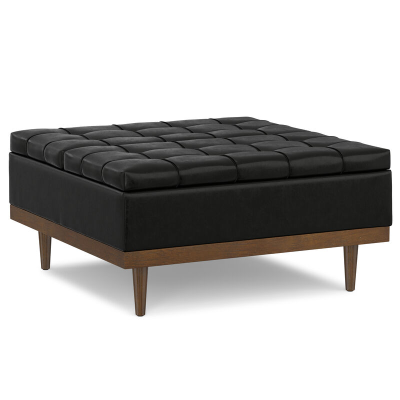 Mariah 36 inch Wide Contemporary Rectangle Lift Top Table Storage Ottoman in Midnight Black PU Black faux leather, Assembled