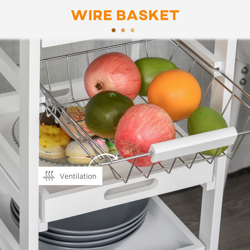 Indoor Moving Microwave Cart w/ Slide-Out Wire Storage Basket & Wheels, White