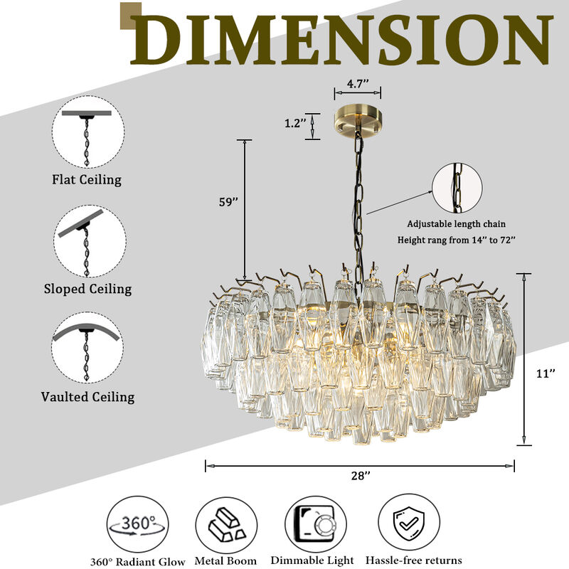 28'' Midcentury Modern Murano Glass Round Chandeliers 6-Light Handblown Glass Pendant Light Fixture Aged Bronze Finish For Dining Room Living Room image number 6