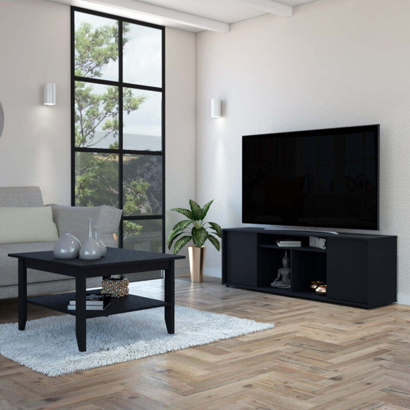 Bernal 2-Door 7-Shelf 2-piece Living Room Set, Coffee Table and TV Stand Black