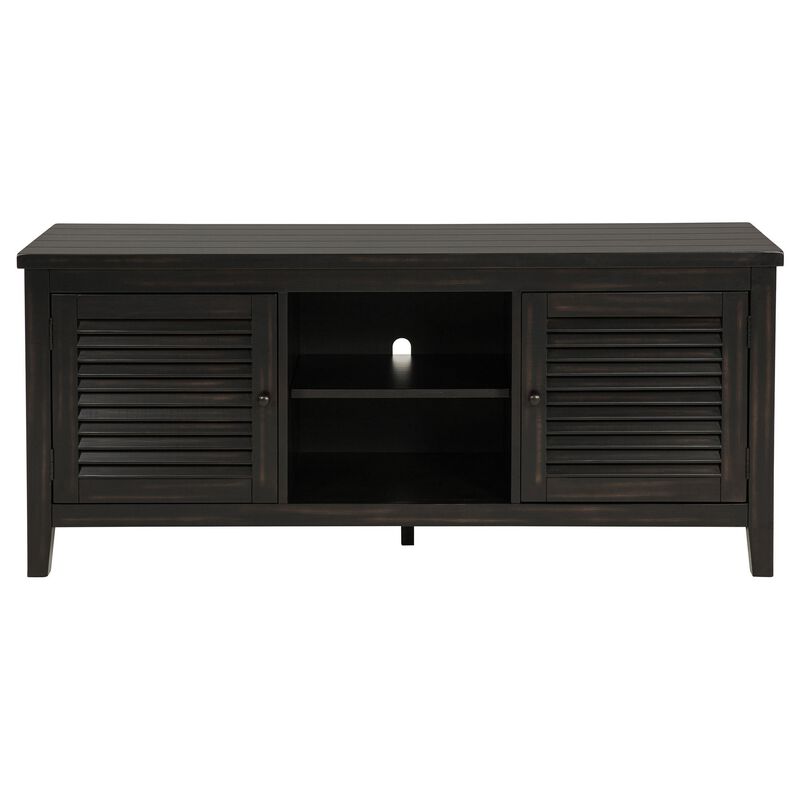 Coni TV Stand Media Cabinet, 2 Door and Shelves, Black Wood 60 Inch - Benzara