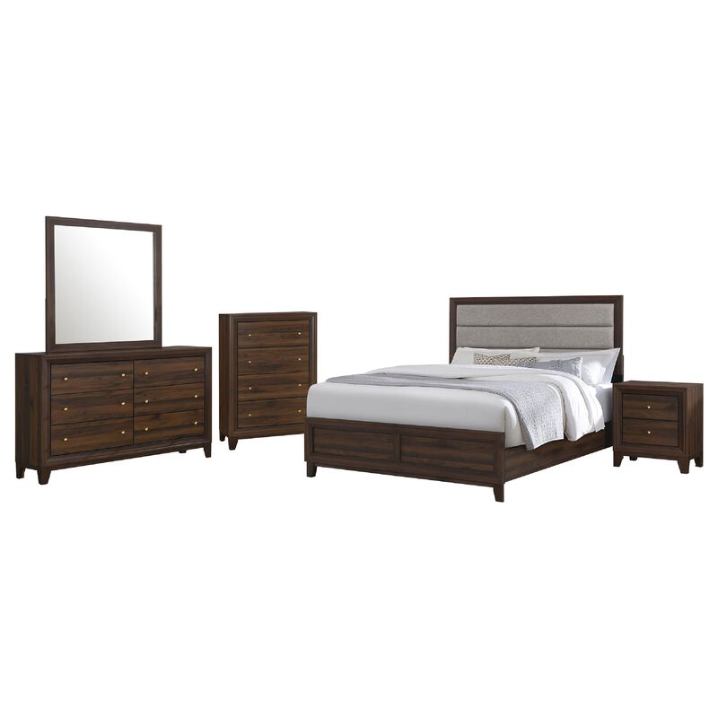 Yels 5 Piece Queen Bedroom Set, Gray Upholstery, Walnut Brown Wood