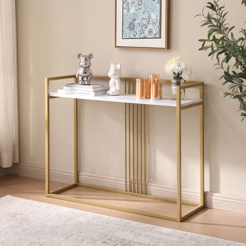 Kings Brand Furniture Modern Sofa Console Table with Faux Marble Storage Shelf & Gold Metal Frame for Hallway, Bedroom, Living Room, Foyer