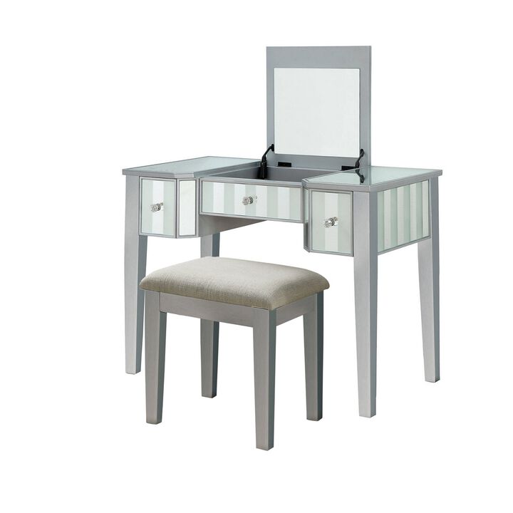 Wooden Vanity Set with Stool and Mirror Panel Inserts, Gray and Silver - Benzara