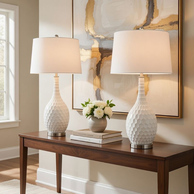 Table Lamp Set of 2, Sculpted Slim Neck Glass Base, Off White Shade image number 8