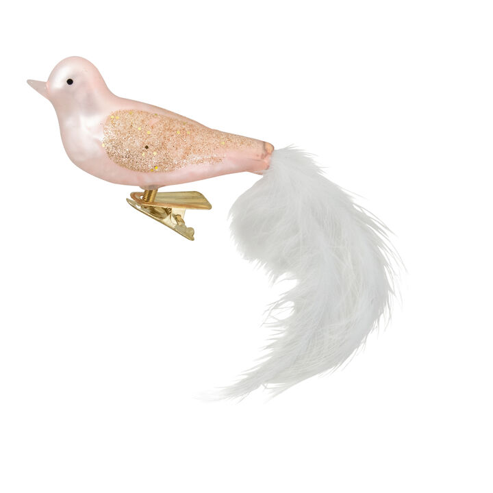 5.5" Rose Gold Bird with Feather Tail Glass Clip-On Christmas Ornament