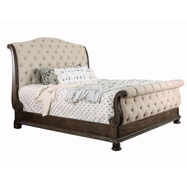 Eastern King Bed with Sleigh Headboard and Footboard, Brown and Beige - Benzara