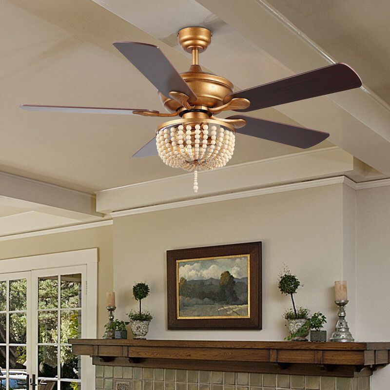 Erin Rustic Farmhouse Iron/Wood Bead Mobile Appremote Controlled LED Ceiling Fan