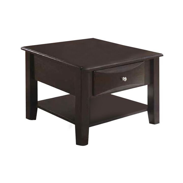 24 Inch Classic Square End Table, Single Drawer, Bottom Shelf, Brown Wood