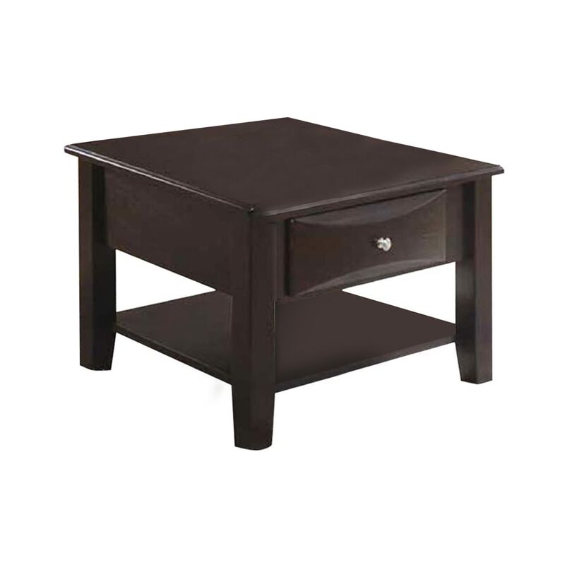 24 Inch Classic Square End Table, Single Drawer, Bottom Shelf, Brown Wood