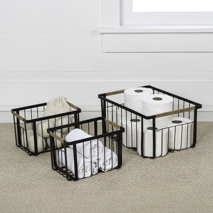 Henley Vintage Farmhouse Handmade Wire Metal Nesting Storage Baskets with Jute Wrapped Handles