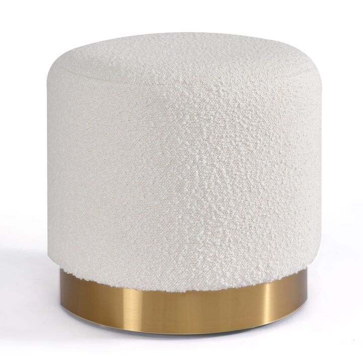 Glamour Home White Boucle Fabric Round Footstool Ottoman Golden Accent Base Medium Size